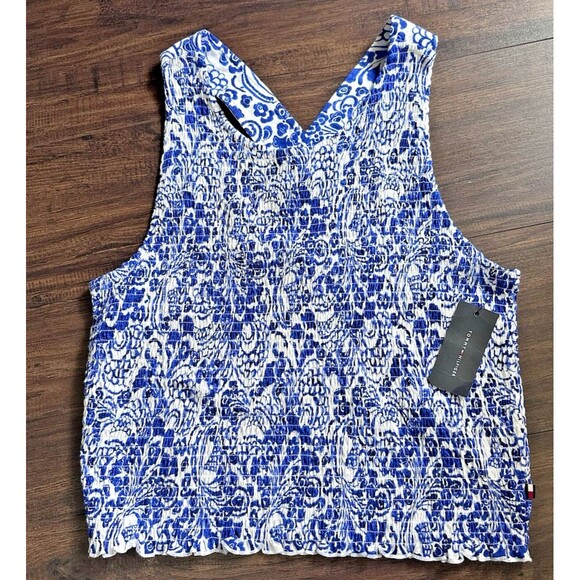 Tommy Hilfiger Womens Fontaine FloralPrint Smocked Cotton Tank Top BlueWhite XXL - Picture 6 of 10